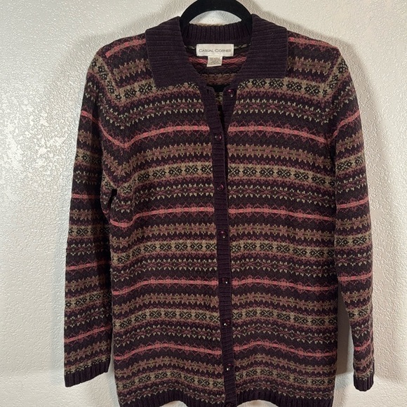 Casual Corner 90’s Purple Fair Isle Striped Chenille Collared Cardigan Size Med - Picture 1 of 6